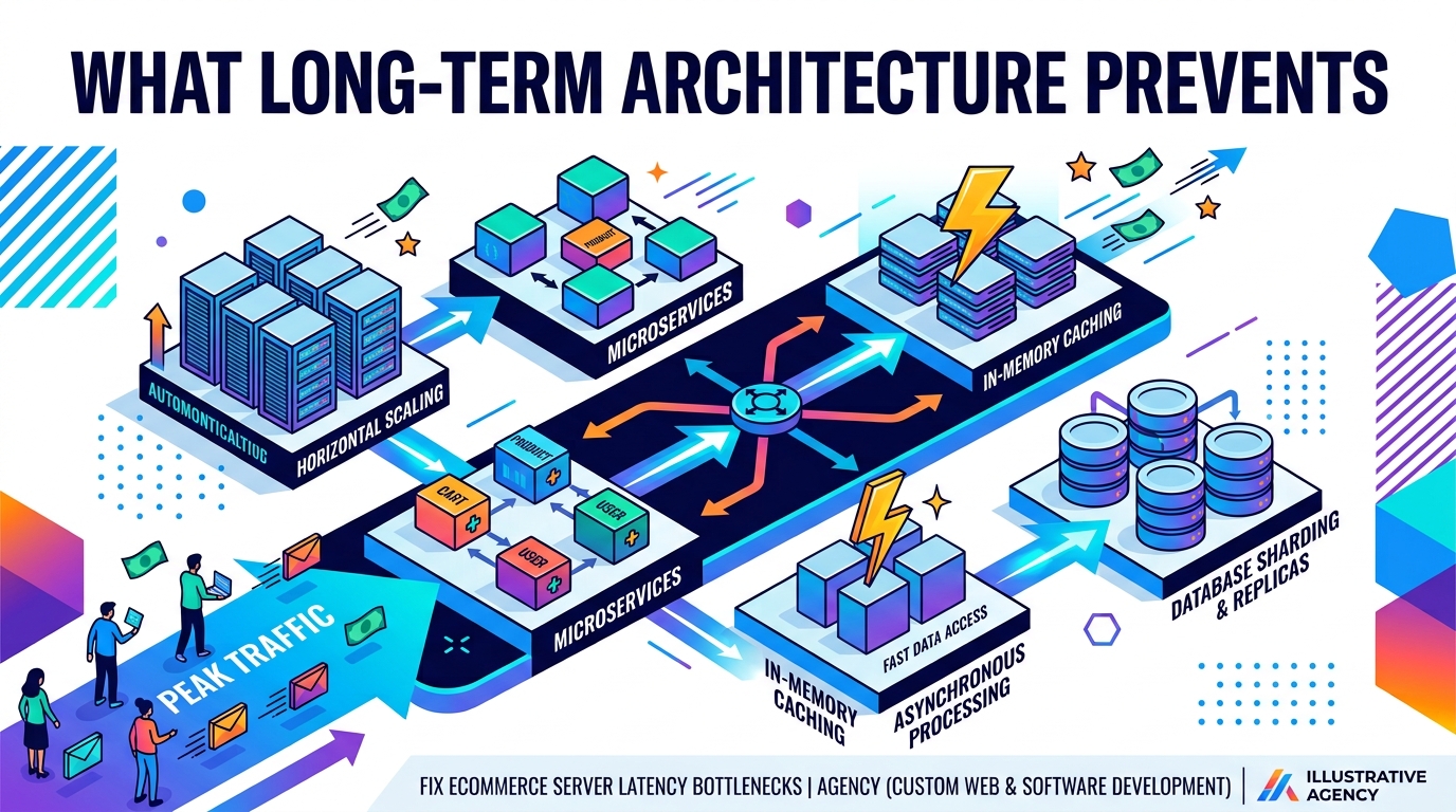 Process breakdown diagram explaining What Long-Term Architecture Prevents Server Slowdowns During Peak Traffic Sales? in relation to fix ecommerce server latency bottlenecks