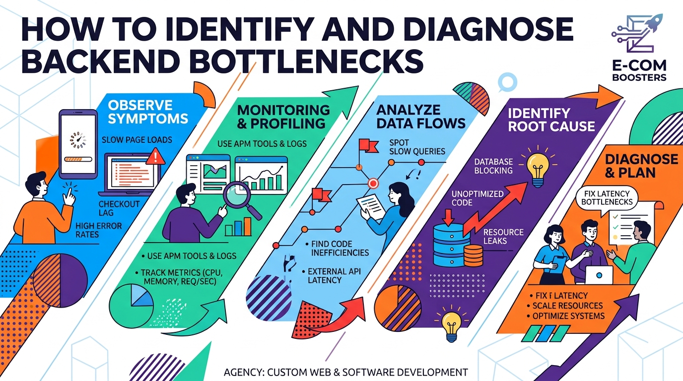 Process breakdown diagram explaining How to Identify and Diagnose Backend Bottlenecks on High-Traffic Stores in relation to fix ecommerce server latency bottlenecks