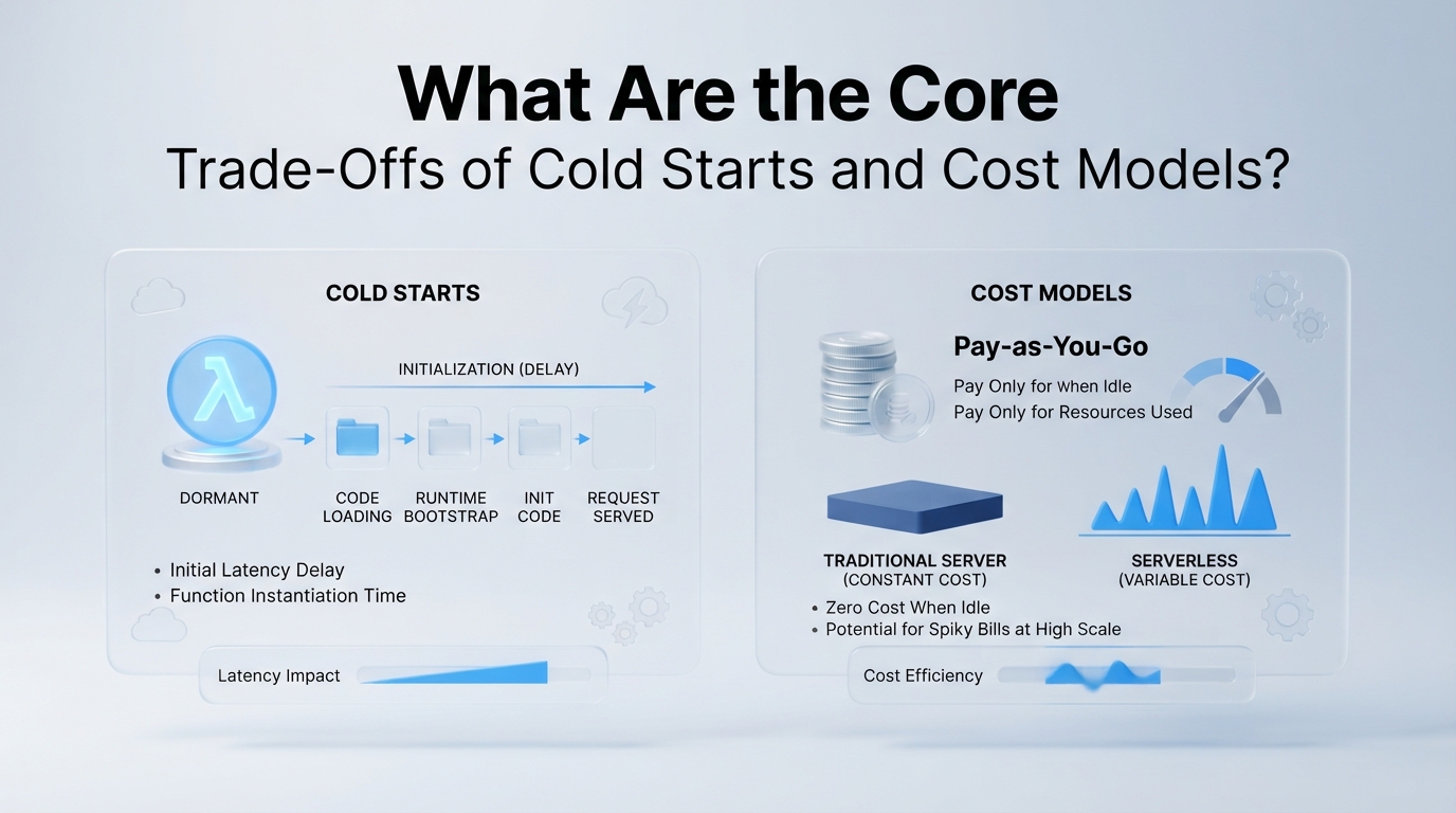 Infographic visual diagram explaining What Are the Core Trade-Offs of Cold Starts and Cost Models? in relation to serverless cloud architecture guide