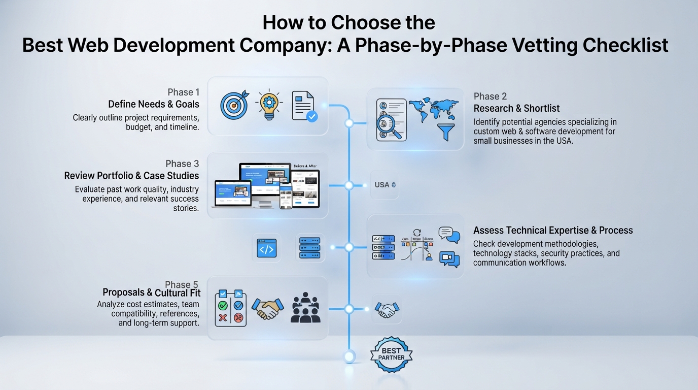 Process breakdown diagram explaining How to Choose the Best Web Development Company: A Phase-by-Phase Vetting Checklist in relation to best web development companies for small business in usa