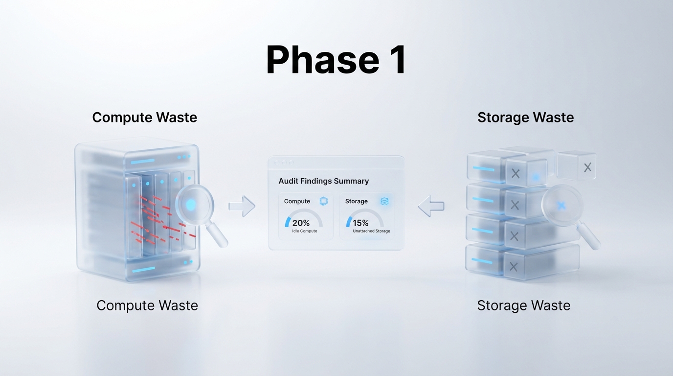 Process breakdown diagram explaining Phase 1: How to Audit Compute and Storage Waste in relation to aws cloud cost optimization checklist